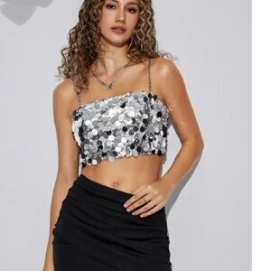 Silver sequin spaghetti strap crop top
